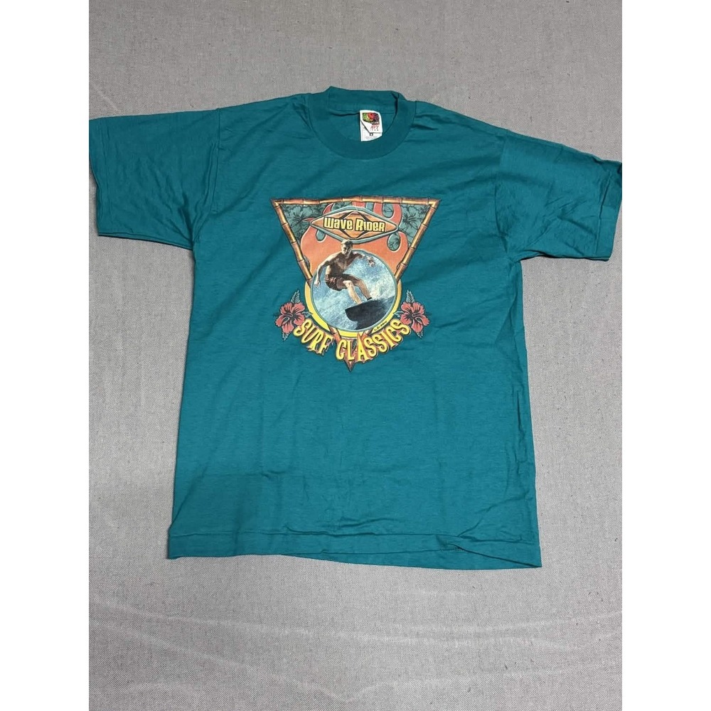 Fruit of the Loom Mens M T Shirt Wave Rider Surf Classics Teal Green Single Stit
